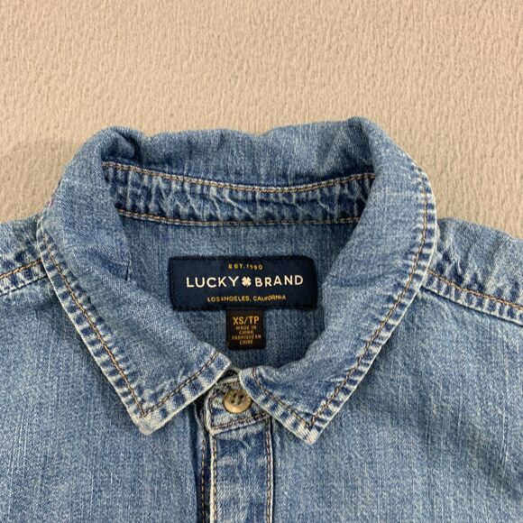 Lucky Brand Boyfriend Shirt Womens XS Denim Classic Chambray Floral Embroidery - Picture 6 of 16